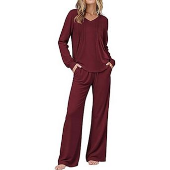 Ekouaer Womens Pajama Set Long Sleeve Sleepwear Nightwear V Neck Pajamas Lounge Sets with Pockets