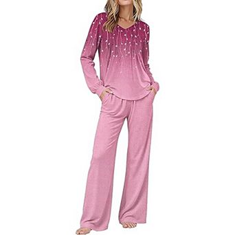 Ekouaer Womens Pajama Set Long Sleeve Sleepwear Nightwear V Neck Pajamas Lounge Sets with Pockets