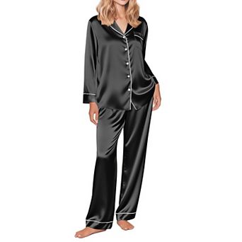 Ekouaer Silk Satin Pajama Set for Womens Button Up Long Sleeve Pajamas Sleepwear Two Piece