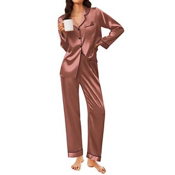 Ekouaer Silk Satin Pajama Set for Womens Button Up Long Sleeve Pajamas Sleepwear Two Piece