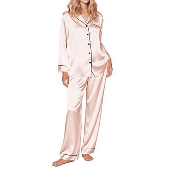Ekouaer Silk Satin Pajama Set for Womens Button Up Long Sleeve Pajamas Sleepwear Two Piece