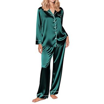 Ekouaer Silk Satin Pajama Set for Womens Button Up Long Sleeve Pajamas Sleepwear Two Piece