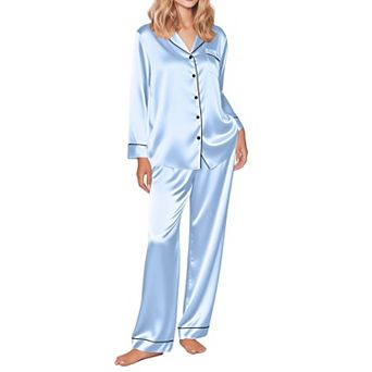 Ekouaer Silk Satin Pajama Set for Womens Button Up Long Sleeve Pajamas Sleepwear Two Piece