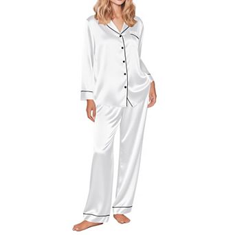 Ekouaer Silk Satin Pajama Set for Womens Button Up Long Sleeve Pajamas Sleepwear Two Piece