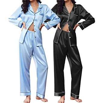 Ekouaer Two Pack Satin Pajamas Set Classic Button Down Silk Pajamas Set Soft Sleepwear