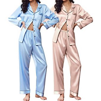 Ekouaer Two Pack Satin Pajamas Set Classic Button Down Silk Pajamas Set Soft Sleepwear