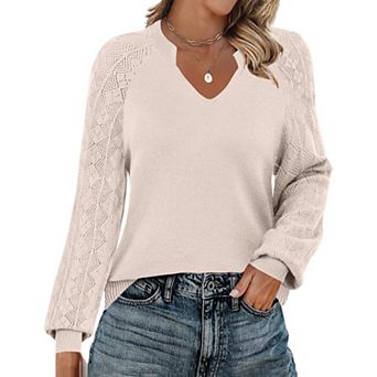 Zeagoo Womens V Neck Long Sleeve Crochet Knit Sweaters Loose Lightweight Fall Casual Pullover Tops