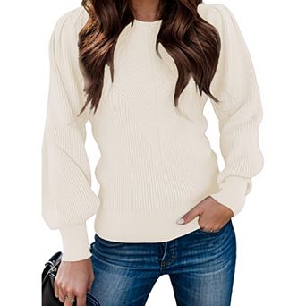 Zeagoo Womens Puff Long Sleeve Ribbed Knit Sweaters Dressy Casual Fall Winter Pullover Jumper Tops