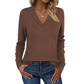 Zeagoo Womens Collared V Neck Long Sleeve Knit Tunic Sweaters Business Casual Fall Pullover Tops