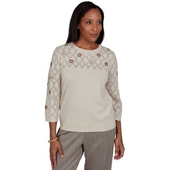 Women's Alfred Dunner Regent Street Flower Embroidered Pointelle Sweater