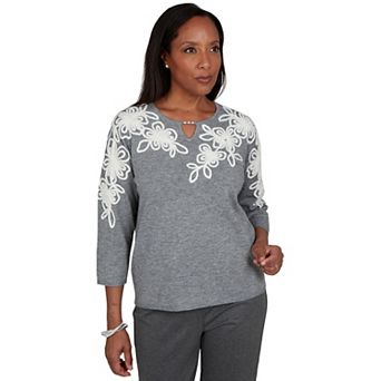 Women's Alfred Dunner Floral Soutache Split Neck Sweater