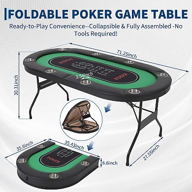 8 Player Poker Table Foldable, Texas Holdem Table with Deepen Cup Holders & Padded Rails,No Assembly