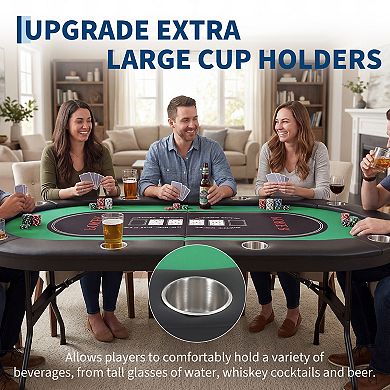 8 Player Poker Table Foldable, Texas Holdem Table with Deepen Cup Holders & Padded Rails,No Assembly