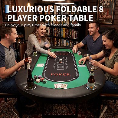 8 Player Poker Table Foldable, Texas Holdem Table with Deepen Cup Holders & Padded Rails,No Assembly