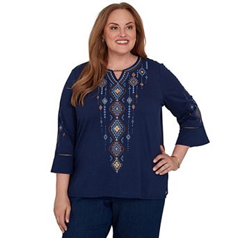 Plus Size Alfred Dunner Tuscany Aztec Center Diamond Embroidered Top