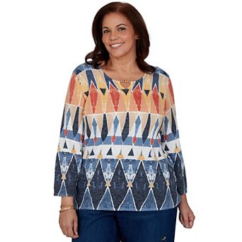 Plus Size Alfred Dunner Tuscany Diamond Geo Split Neck Sweater
