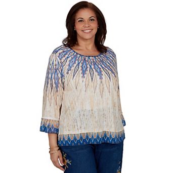 Plus Size Alfred Dunner Tuscany Ikat Animal Burnout Woven Trim Top