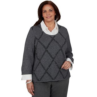 Plus Size Alfred Dunner Diamond Sparkle Two-in-One Collared Sweater