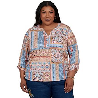 Plus Size Alfred Dunner Tuscany Patchwork Print Henley Top