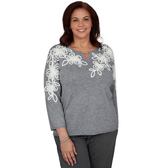 Plus Size Alfred Dunner Floral Soutache Split Neck Sweater