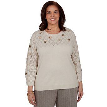 Plus Size Alfred Dunner Regent Street Flower Embroidered Pointelle Sweater