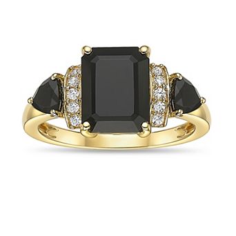 Gemminded 18k Gold Over Silver Emerald-Cut Onyx & Lab-Created White Sapphire 3-Stone Ring