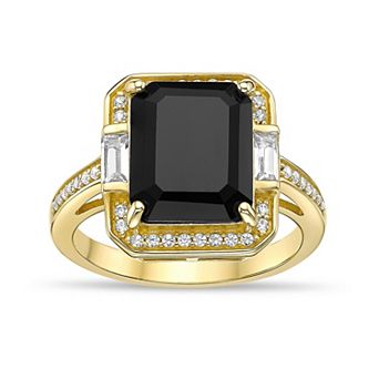 Gemminded 18k Gold Over Silver Emerald-Cut Onyx & Lab-Created White Sapphire Halo Split Shank Ring