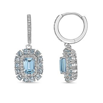 Gemminded Sterling Silver Emerald-Cut Blue Topaz Halo Drop Earrings