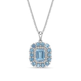 Gemminded Sterling Silver Blue Topaz & Lab-Created White Sapphire Halo Pendant Necklace