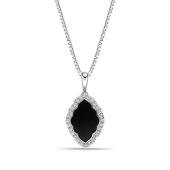 Gemminded Sterling Silver Onyx & Lab-Created White Sapphire Quatrefoil Halo Pendant Necklace