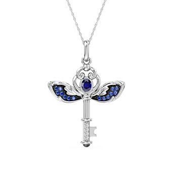 Rhodium Over Silver Sterling Silver Lab-Created Sapphire & Diamond Hogwarts: Daedalion Keys Harry Potter Pendant Necklace