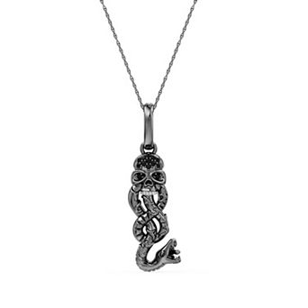 Rhodium Over Silver Sterling Silver Round Black Spinel Dark Arts: Death Eater Harry Potter Pendant Necklace