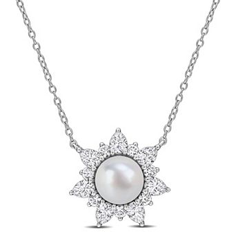 Stella Grace Sterling Silver Freshwater Cultured Pearl & Lab-Created White Sapphire Floral Pendant Necklace