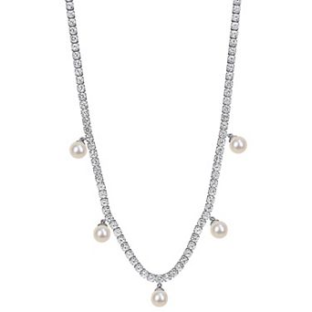 Stella Grace Sterling Silver Lab-Created White Sapphire & Freshwater Cultured Pearl Charm Necklace