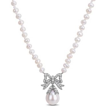 Stella Grace Sterling Silver Freshwater Cultured Pearl & White Topaz Bow Necklace