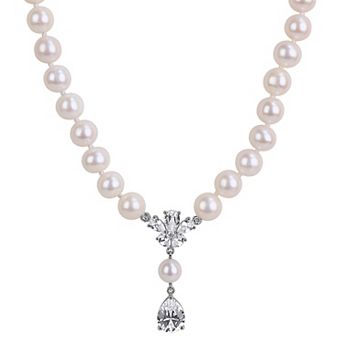 Stella Grace Sterling Silver Freshwater Cultured Pearl & Lab-Created White Sapphire Drop Necklace