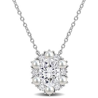 Stella Grace Sterling Silver Lab-Created Moissanite & Freshwater Cultured Pearl Floral Pendant Necklace