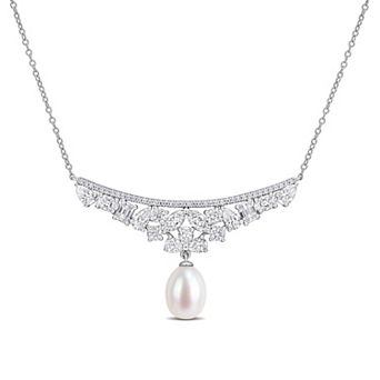 Stella Grace Sterling Silver Freshwater Cultured Pearl & Lab-Created Moissanite Cluster Drop Necklace