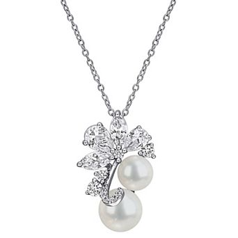 Stella Grace Sterling Silver Freshwater Cultured Pearl & Lab-Created White Sapphire Cluster Pendant Necklace