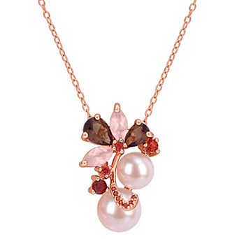 Stella Grace 18k Rose Gold Flash Plated Cultured Pearl & Multi-Gemstone Cluster Pendant Necklace