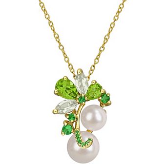 Stella Grace 18k Gold Flash Plated Freshwater Cultured Pearl & Multi-Gemstone Cluster Pendant Necklace