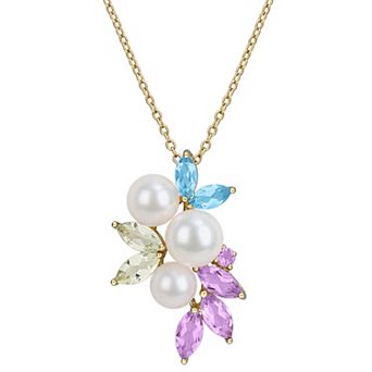 Stella Grace 18k Gold Flash Plated Freshwater Cultured Pearl & Multi-Gemstone Floral Pendant Necklace