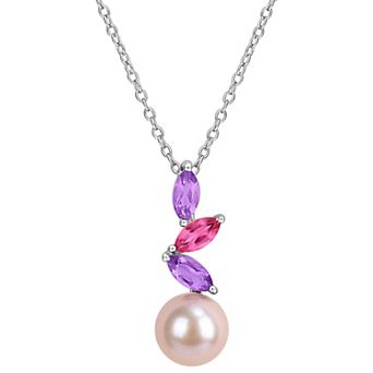 Stella Grace Sterling Silver Cultured Pearl, Amethyst, & Topaz Multi-Shape Drop Pendant Necklace