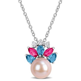 Stella Grace Sterling Silver Freshwater Cultured Pearl & Topaz Drop Pendant Necklace