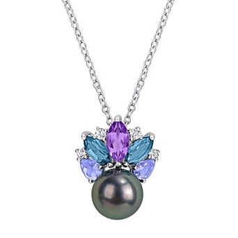 Stella Grace Sterling Silver Tahitian Cultured Pearl & Multi-Gemstone Drop Necklace