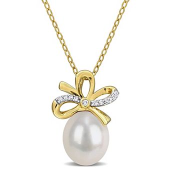 Stella Grace Sterling Silver Freshwater Cultured Pearl & Lab-Created White Sapphire Bow Necklace