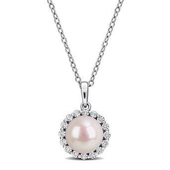 Stella Grace Sterling Silver Freshwater Cultured Pearl & Lab-Created White Sapphire Halo Pendant Necklace