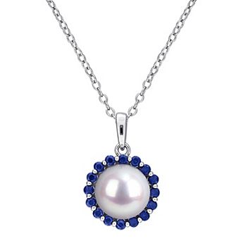 Stella Grace Sterling Silver Freshwater Cultured Pearl & Sapphire Halo Pendant Necklace