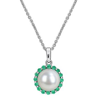 Stella Grace Sterling Silver Freshwater Cultured Pearl & Gemstone Halo Pendant Necklace