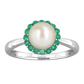 Stella Grace Sterling Silver Freshwater Cultured Pearl & Gemstone Halo Ring